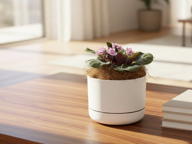 Small potted plant on a wooden table with a blurred indoor background